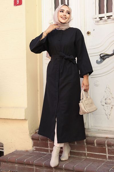 Neva Style Palton Hijab cu centură neagră - 61302S