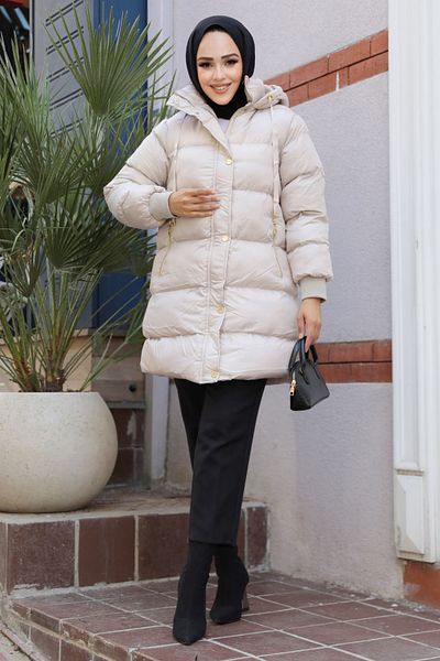 Neva Style Beige Hooded Hijab Puffer Jacket - 80191Beige