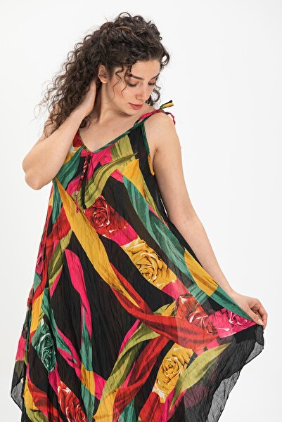 Eliş Şile Bezi Strappy Voile Aphrodite Midi Καλοκαιρινό Φόρεμα Μαύρο 6125