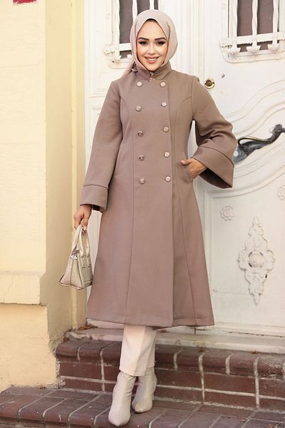 Neva Style Volan Sleeve Mink Stamp Hijab Coat 61112V