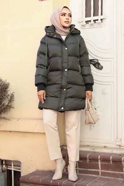 Neva Style Jachetă pufă Hijab verde petrol închis cu glugă 80191KPY