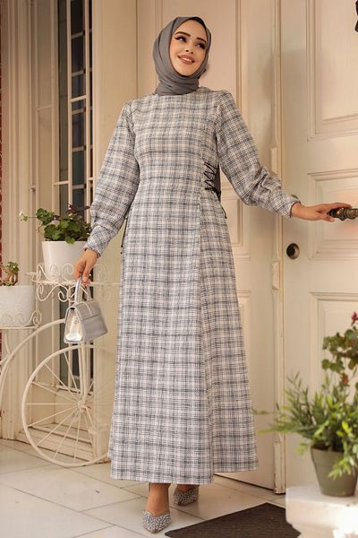 Neva Style Rochie Hijab Ecru Tweed în carouri 61291e