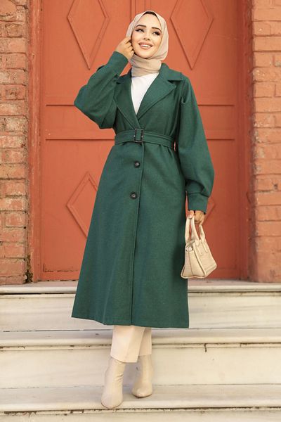 Neva Style Emerald Green Belted Stamped Hijab Coat - 61241Zy