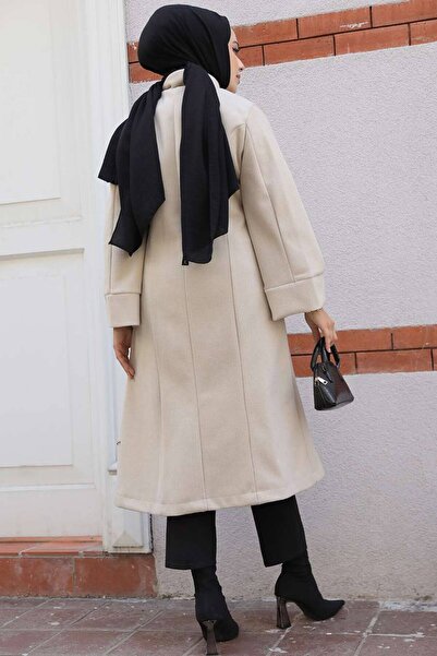 Neva Style Μπεζ Κασετέ Μουσουλμανικό Παλτό με Ζώνη 61112BEJ