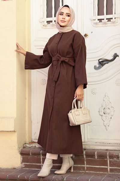 Neva Style Belted Brown Stamped Hijab Coat 61302Kh