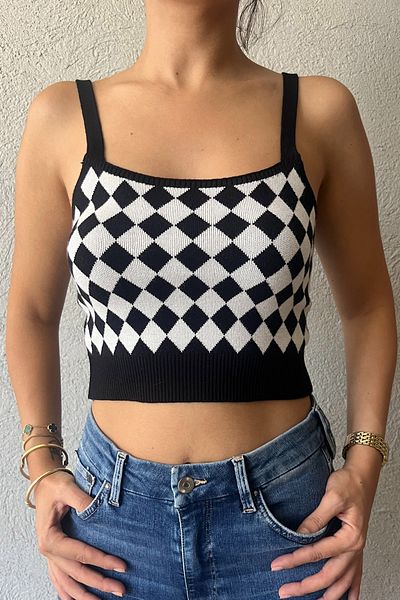 Seda Yalçın Atelier Black and White Checkerboard Patterned Crop