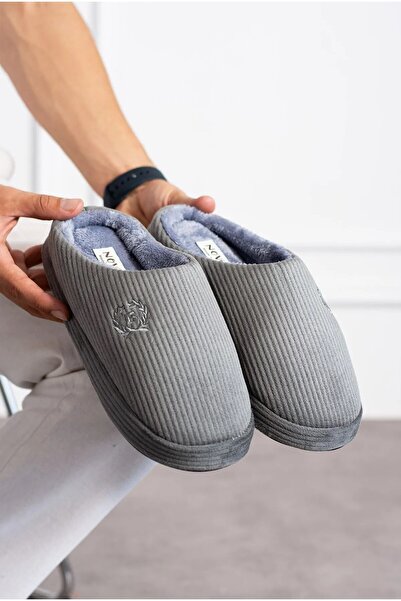 White Style Moda Fashion Ozer Embroidered Velvet Corduroy Pattern Comfortable Soft Soled Men's Home Slippers with Fur Inside