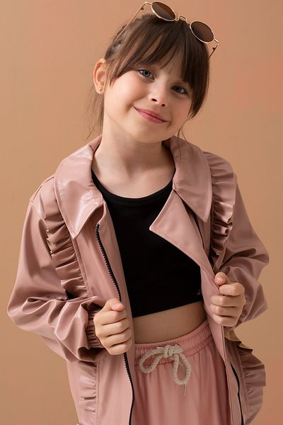 Cansın Mini Pink Zippered Ruffle Detailed Girl's Leather Jacket 19553