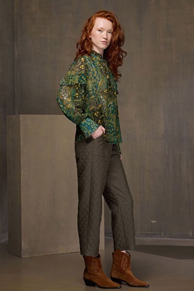 UPGRADE Desenli Şifon Bluz Haki