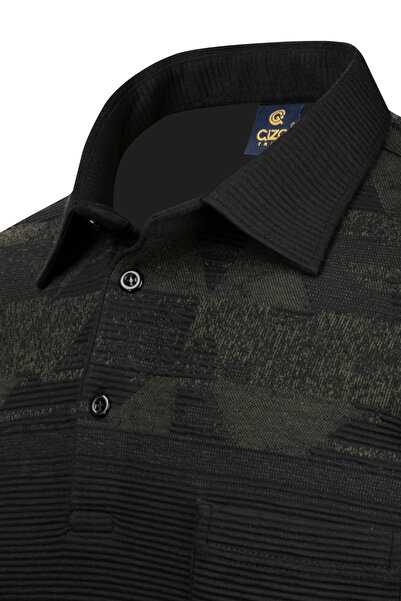 Çizgi Triko Чоловіча смугаста трикотажна сорочка з довгими рукавами та візерунком - з кишенями, фасон «светр» - 5026