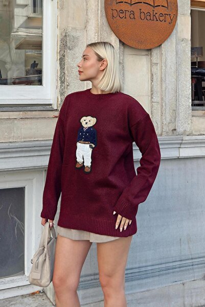 Swist Bordo Süzene Bear Nakışlı Bisiklet Yaka Kadın Triko Kazak