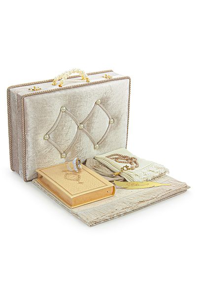 ihvanonline Dowry Prayer Rug Set with Storage Gift Suitable for Groom Bridal Bundle Shawl Quran Set Cream