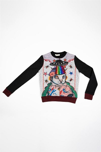 Adisia Black Gray Cats Alien Women's Sweatshirt - Sequin Detailed