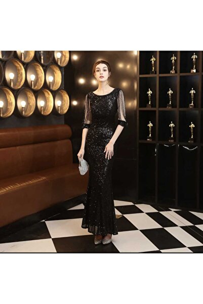 MODAS bisiklet yaka kollari boncuklu pul payet abiye elbise