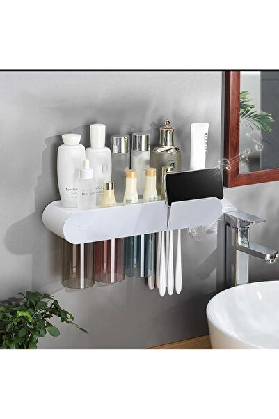 Miecoco Ecoco Yapışkanlı Manyetik 3'lü Bardak Tutuculu Diş Macunu Sıkacağı Ve Tutacağı Banyo Düzenleyeci Gri