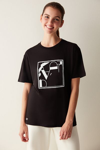 Penti Tricou negru cu mânecă scurtă, cu decolteu, supradimensionat, cacao