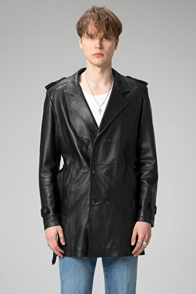 Dericlub Getafe Erkek Büyük Beden Kruvaze Yaka Hakiki Deri Trençkot Siyah