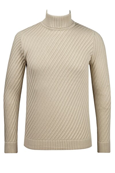 Çizgi Triko Чоловічий смугастий трикотажний светр - з візерунком на рукавах і талії, сталева в'язка, Regular Fit-5024E