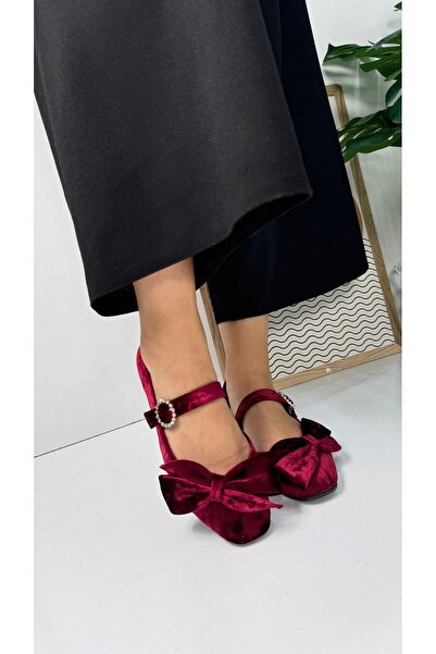 İmerShoes Daily Women's Burgundy Velvet Bow Ballerina Flats Single Strap Buckle Oval Toe Shoes 283