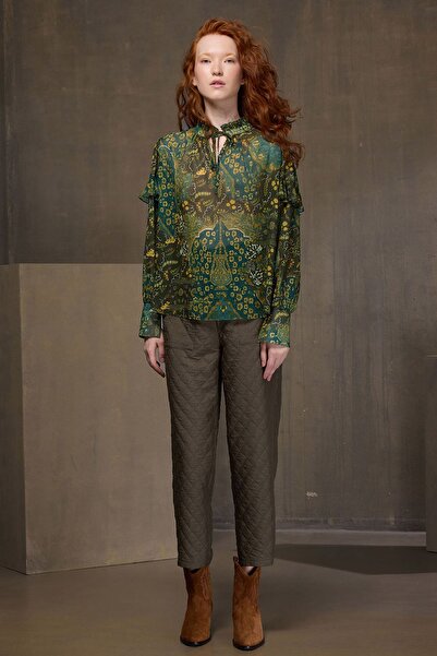 UPGRADE Desenli Şifon Bluz Haki