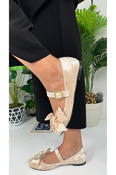 Allyup Дамски ежедневни бежови кадифени балерини с панделка и овален връх, с ...