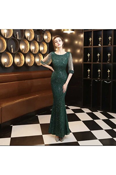 MODAS bisiklet yaka kollari boncuklu pul payet abiye elbise