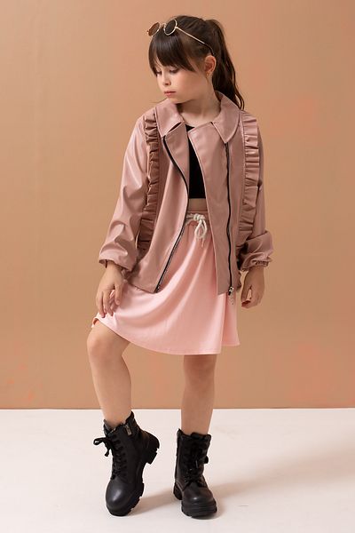 Cansın Mini Pink Zippered Ruffle Detailed Girl's Leather Jacket 19553