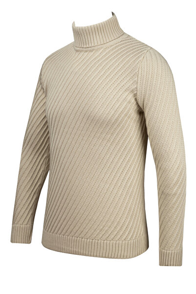 Çizgi Triko Чоловічий смугастий трикотажний светр - з візерунком на рукавах і талії, сталева в'язка, Regular Fit-5024E