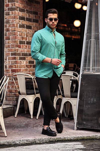 Valiberta Petrol Colored Flam Linen Single Pocket Shirt