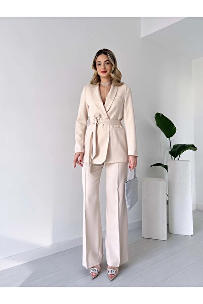 HARMONY GLOBAL طقم بنطلون وسترة وحزام بيج للنساء 3058