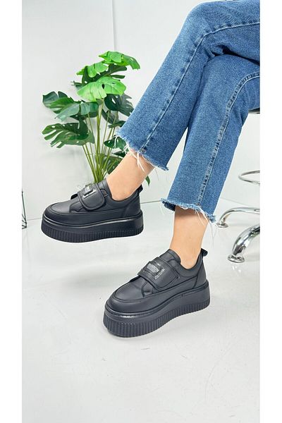 Nstil Pantofi negru - Pantofi confortabili cu talpă înaltă groasă cu velcro și detaliu de piatră 1111