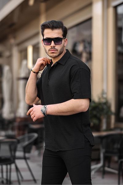 Valiberta Black Bamboo Short Sleeve Polo Shirt - Half Placket, Oversize Collar