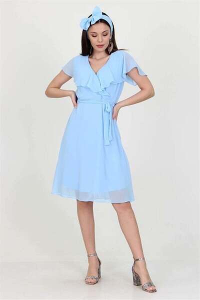 Dipmoda Women's Baby Blue Double-Breasted Collar Tie Detail New Season Chiffo...