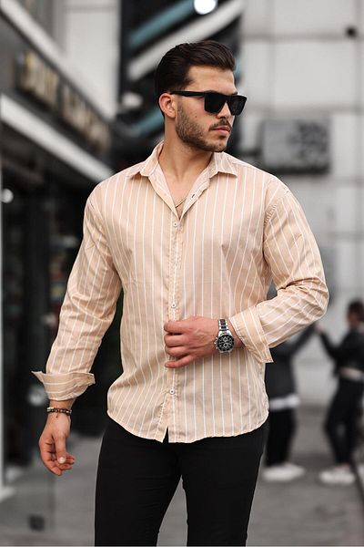 Valiberta Beige Colored Oversize Striped Satin Shirt