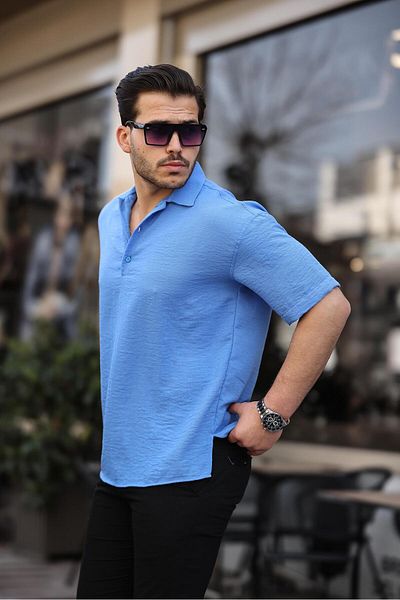 Valiberta Parliament Blue - Polo Collar Oversize Bamboo Shirt, Half Placket, Short Sleeve