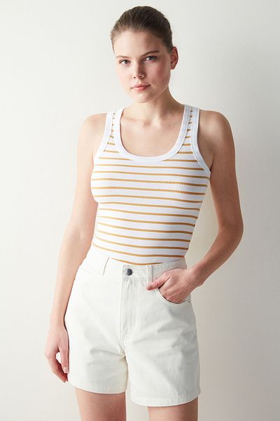 Penti Mustard Striped Slim Fit Corded Tank Top
