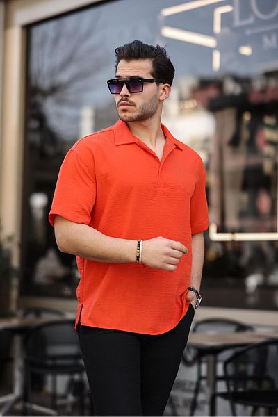 Valiberta Orange Polo Neck Oversize Bamboo Shirt - Half Placket