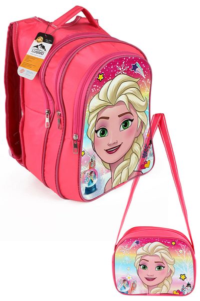 LUGMO Geantă pentru școală primară și geantă de prânz cu 3 buzunare cu tampoane Elsa Head Pink