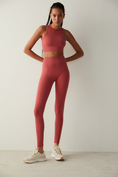 Penti Koyu Pembe Dikişsiz Yüksek Bel Fitilli Aktif Tayt