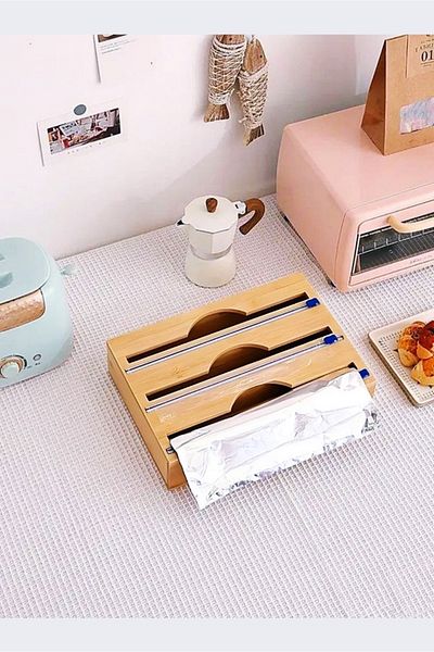 Bonjour Bamboo 3-Piece Stretch Film and Foil Cutter Organizer, Stretch Foil Box
