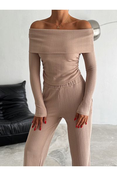 alenmoda Madonna Collar Knitted Bottom Top Pants Set