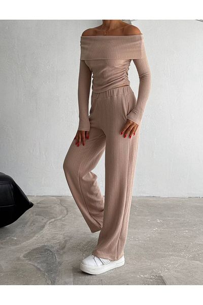 alenmoda Madonna Collar Knitted Bottom Top Pants Set
