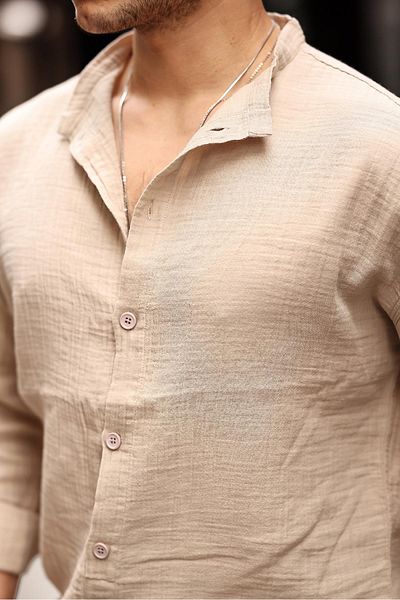 Valiberta Men's Muslin Oversize Shirt - Light and Breathable, Half Placket Prevailing Collar, Light Beige