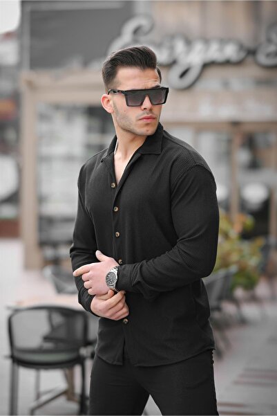 Valiberta Fitilli Bowling Yaka Uzun Kollu Gömlek - Siyah