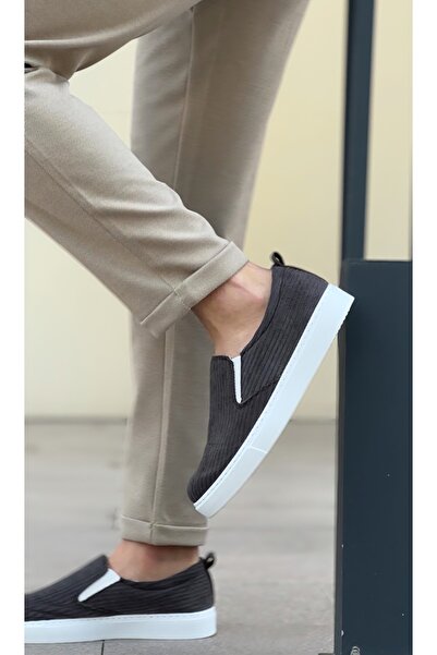 BOA BA0339 Bağcıksız Kadife Gri Beyaz Taban Günlük Erkek Ayakkabı