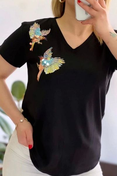 Bİ.GİYSEN Μαύρο V-λαιμόκοψη Lycra Βαμβακερό Χτενισμένο - Μπλούζα Bird Plus Size