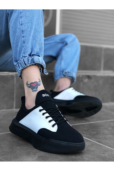 BOA BA0163 Men's Sneakers - High Sole, Lace-up, Black and White