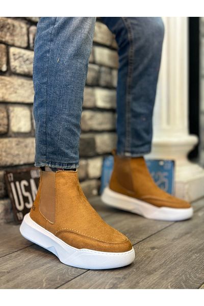 BOA Ba0150 Men's Suede Tan White High Sole Sports Boots - Laceless