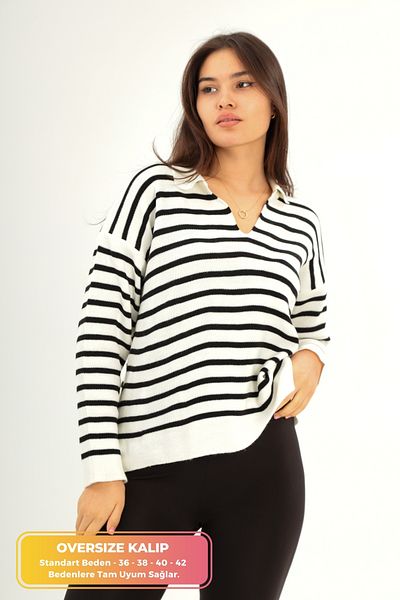JAWEN Women's New Season Wide Casual Fit Comfort Model Standard Size Polo Neck Striped Knitwear Sweater