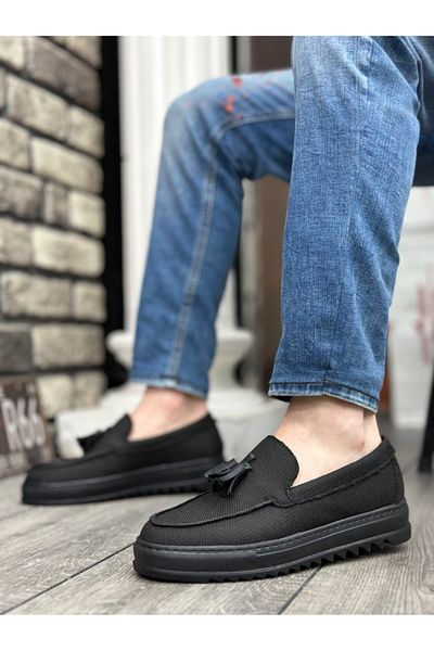 BOA BA0154 Black Linen Men's Shoes with High Sole and Tassels - Laceless